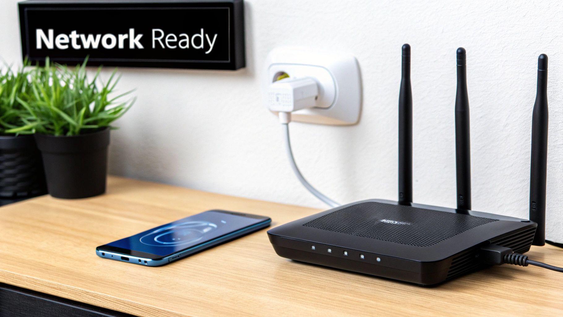 A modern home router with glowing lights, placed on a shelf with smart home devices in the background, symbolizing a strong network foundation.