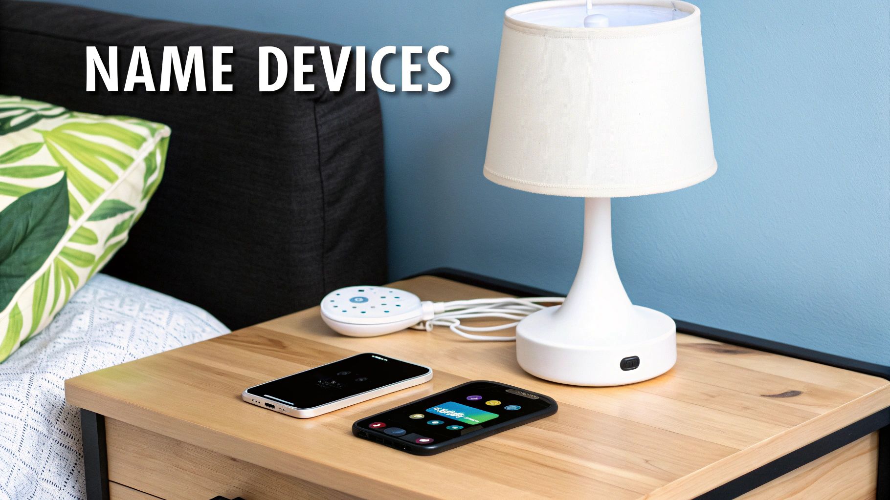 A person's hand holding a smartphone, scanning a HomeKit QR code on the side of a smart plug box, ready to set up a new device.