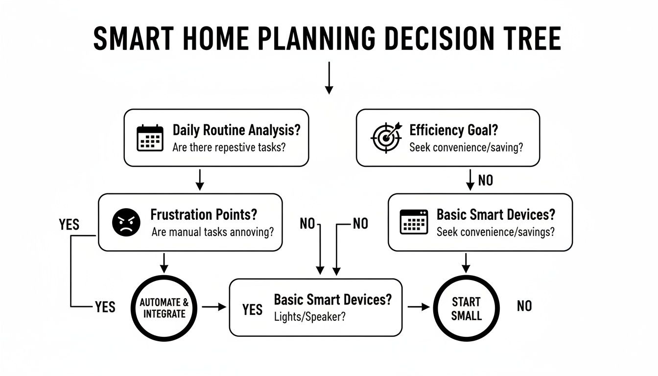 A smart home planning decision tree flowchart guides users through automating tasks and integrating basic smart devices.
