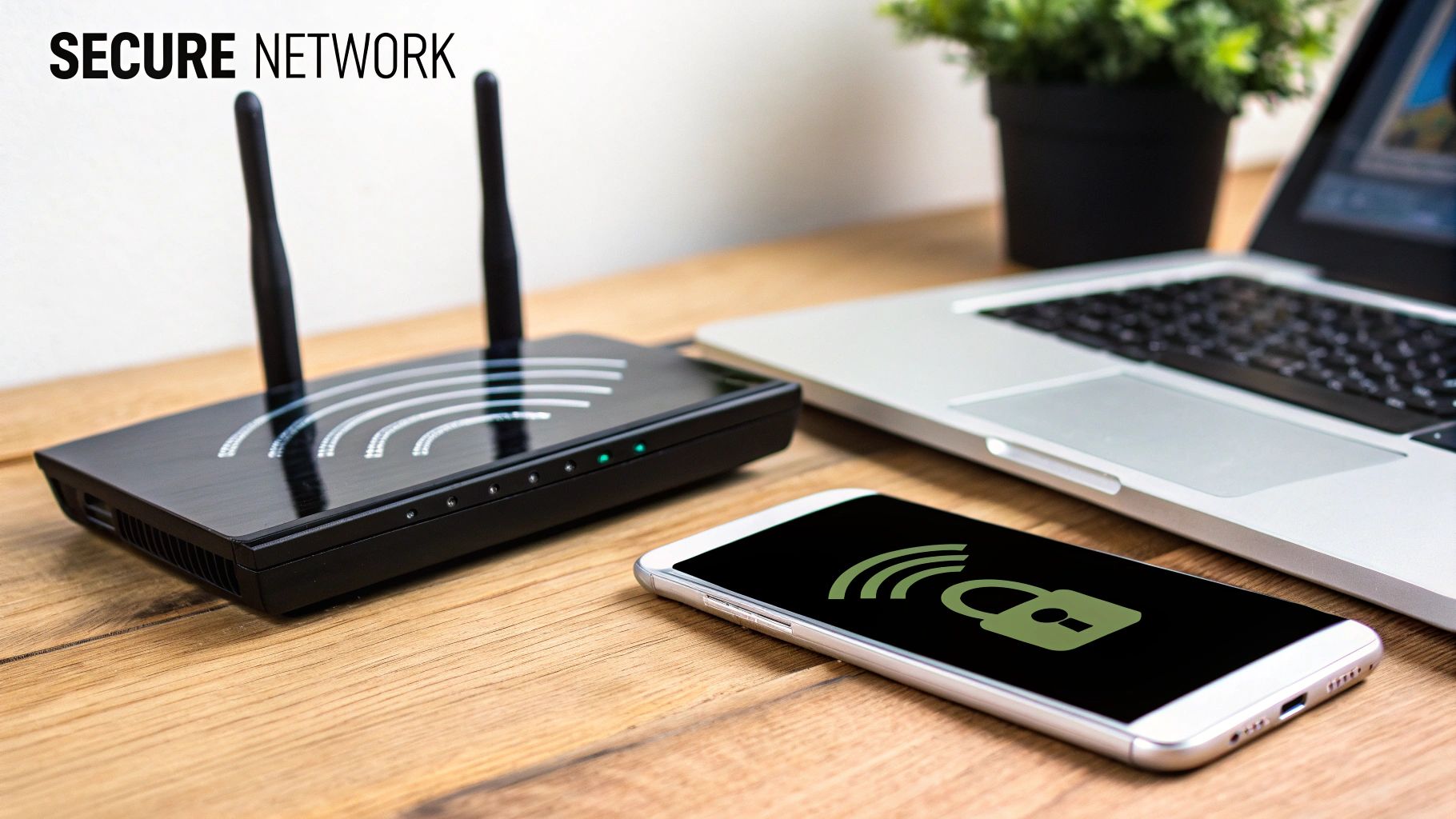 A person using a smartphone to manage their home network, with a secure lock icon overlayed on the router in the background.
