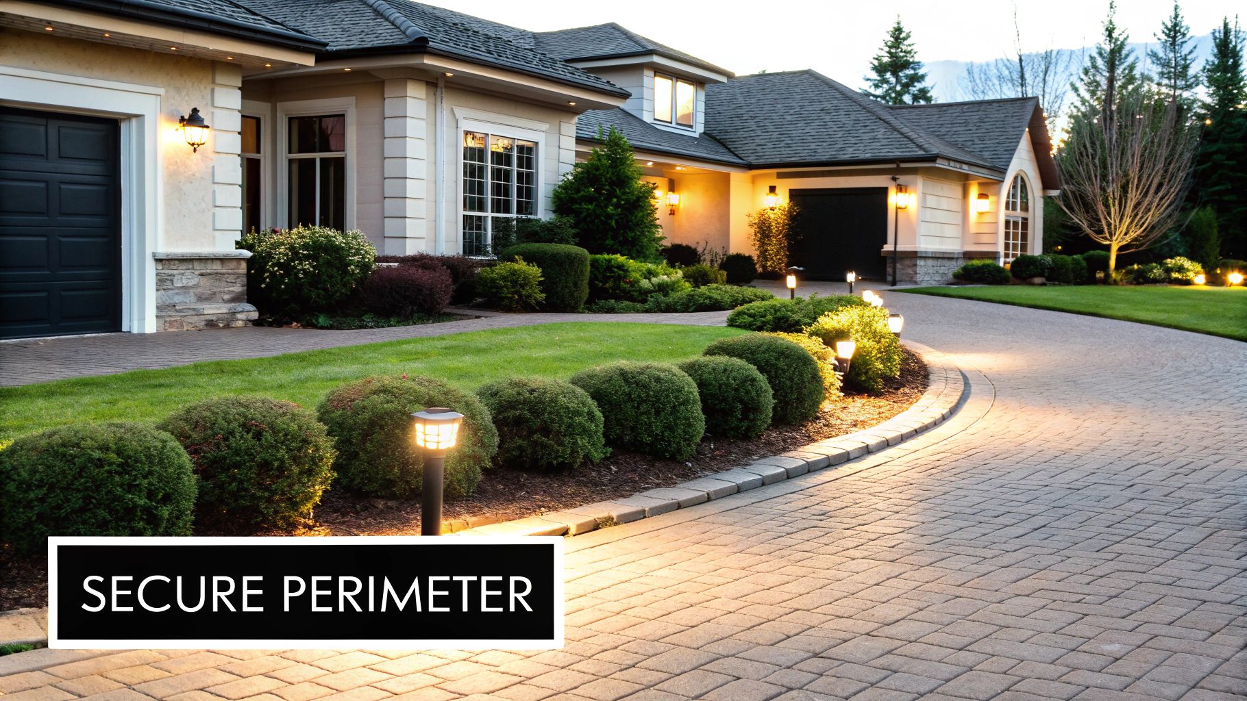 Lush green lawn with a well-maintained fence and trimmed shrubs around a modern home.