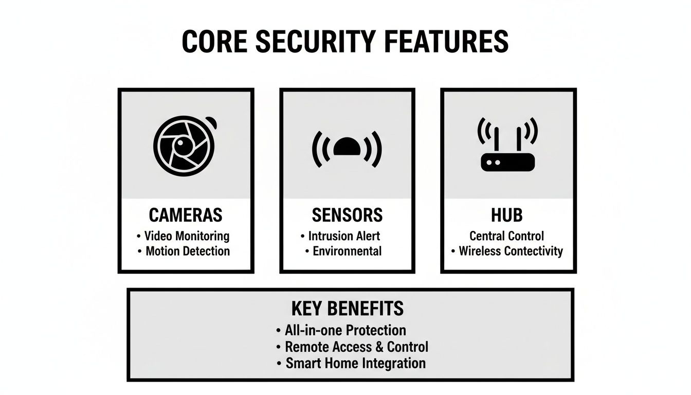 Diagram showing core smart home security features: cameras, sensors, and hub, with key benefits.