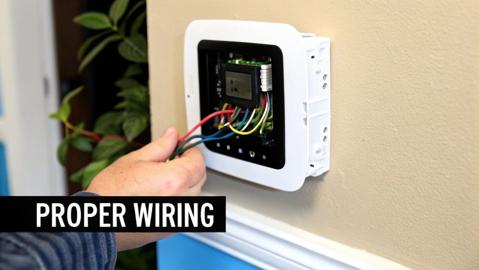 A close-up of a smart thermostat being wired into its backplate on a wall.