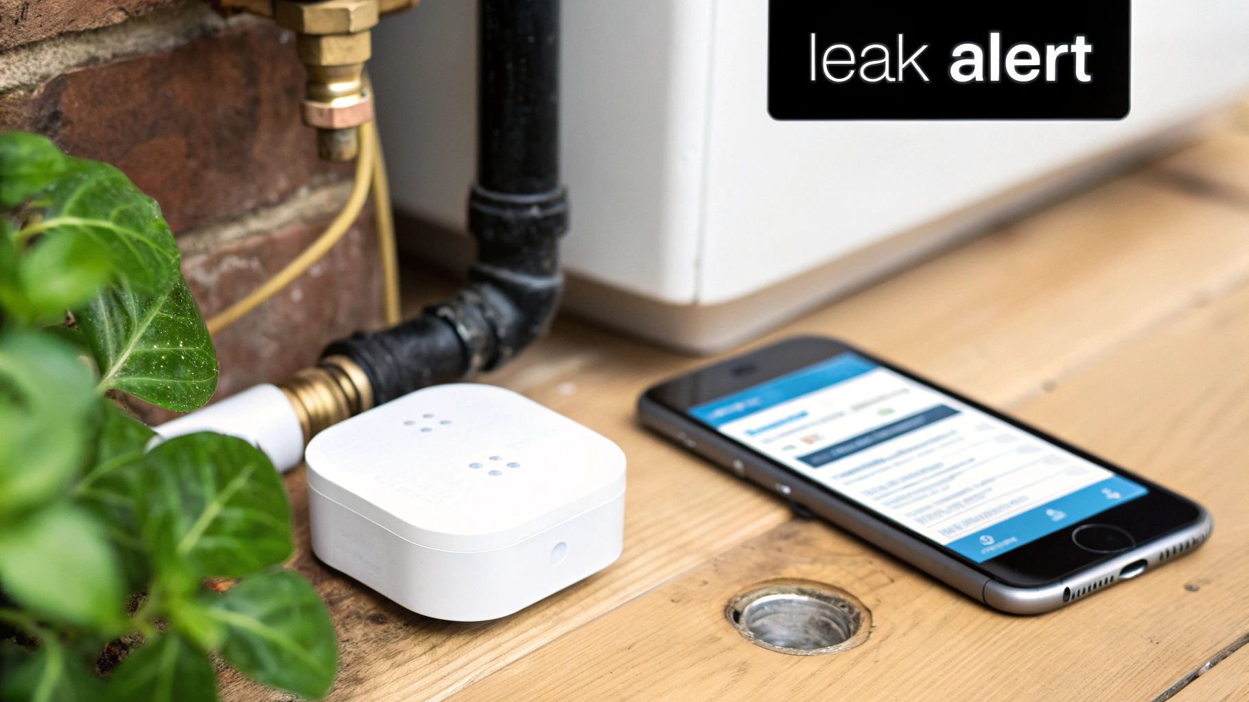 A smart home leak detector device placed near water pipes with a phone displaying a leak alert.