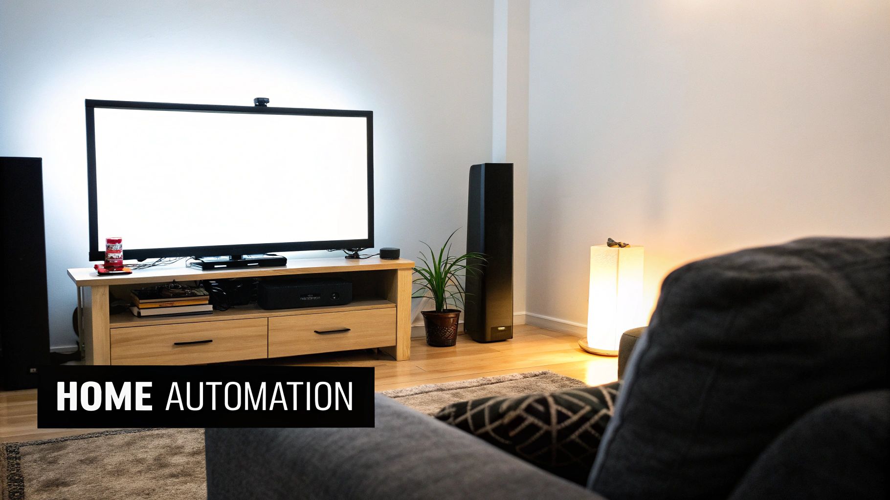 A modern living room with a large TV, smart speaker, and floor lamp, showcasing home automation.