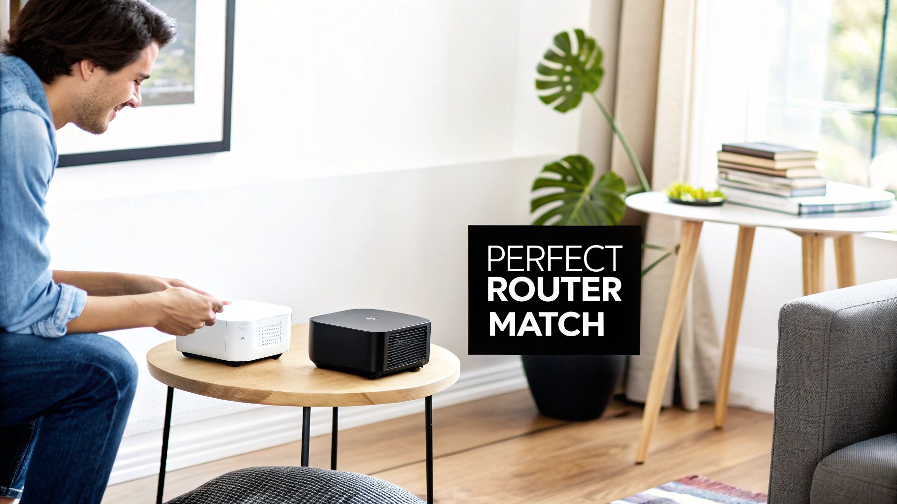 Smiling man setting up a white router next to a black one on a stylish wooden table.