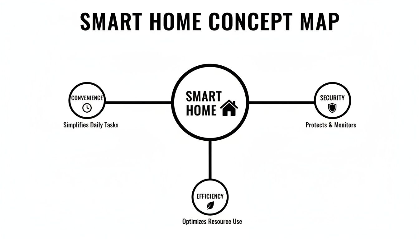 A concept map depicting smart home benefits: convenience, security, and efficiency, with descriptive text.