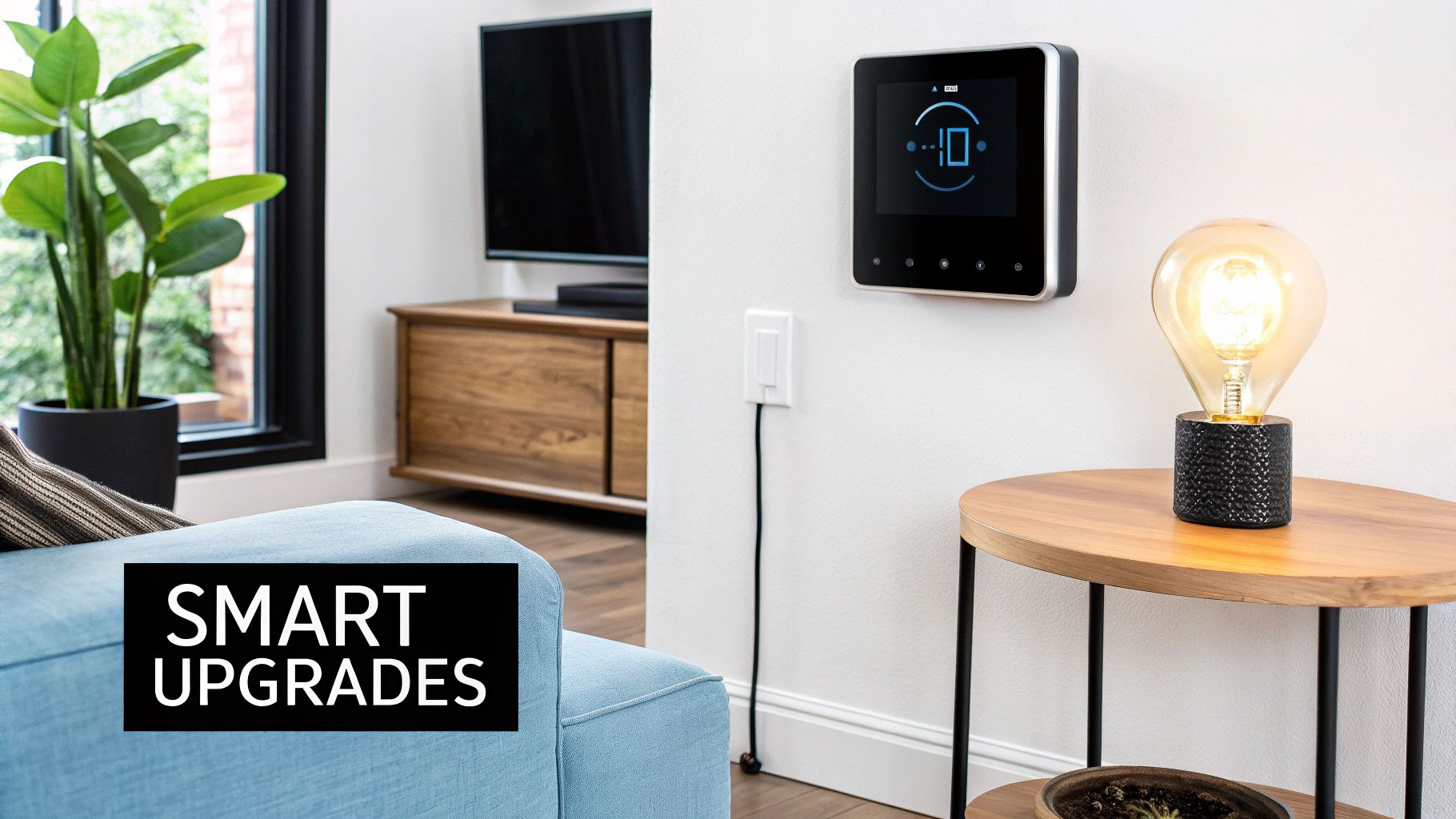 A modern smart thermostat displaying energy usage data on a living room wall.