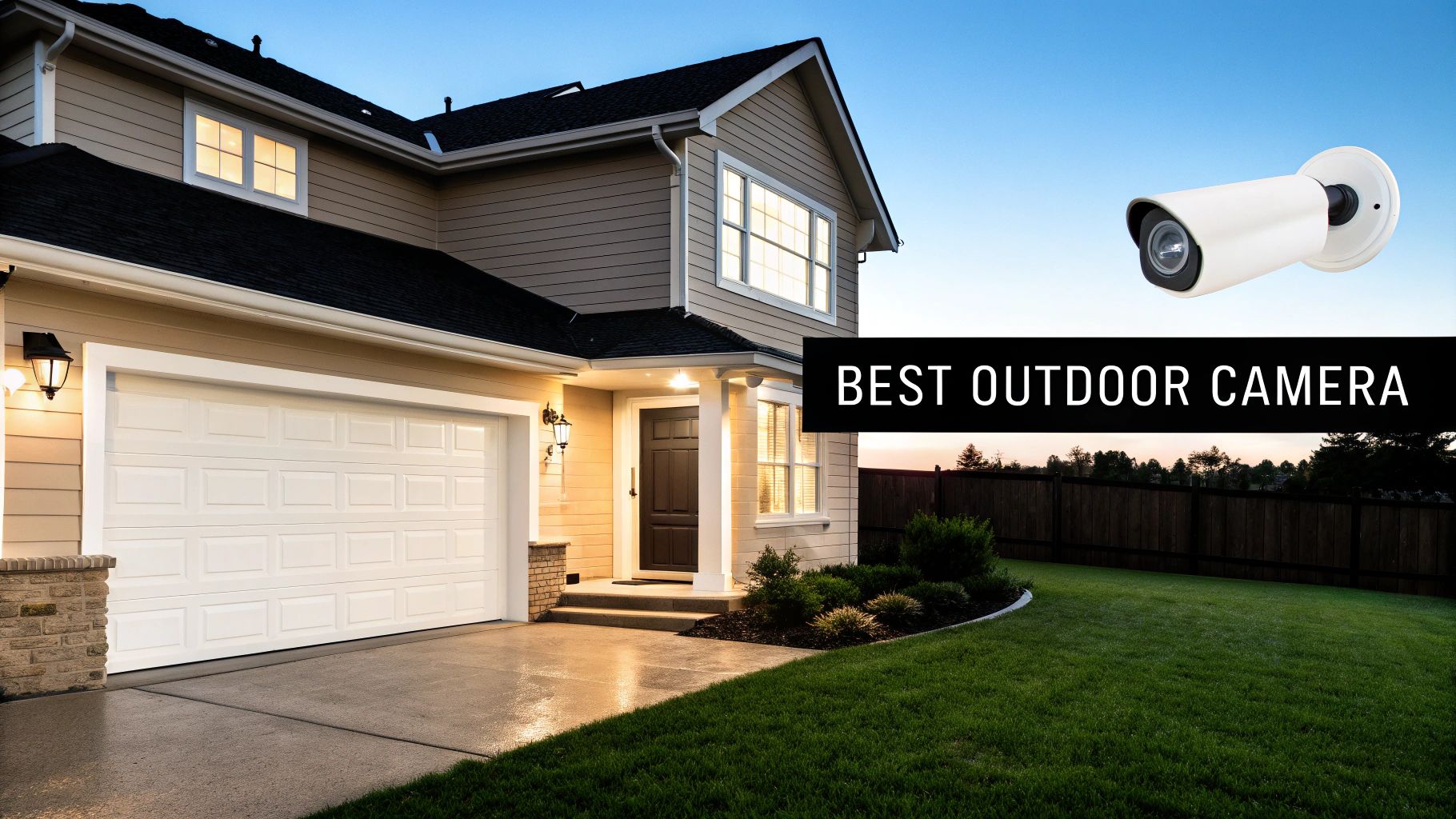 A modern house with a white garage, green lawn, and a white outdoor security camera.