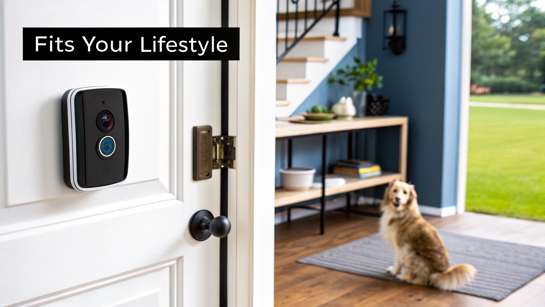 A black smart doorbell mounted on a white door, with a dog inside a modern home and green backyard.