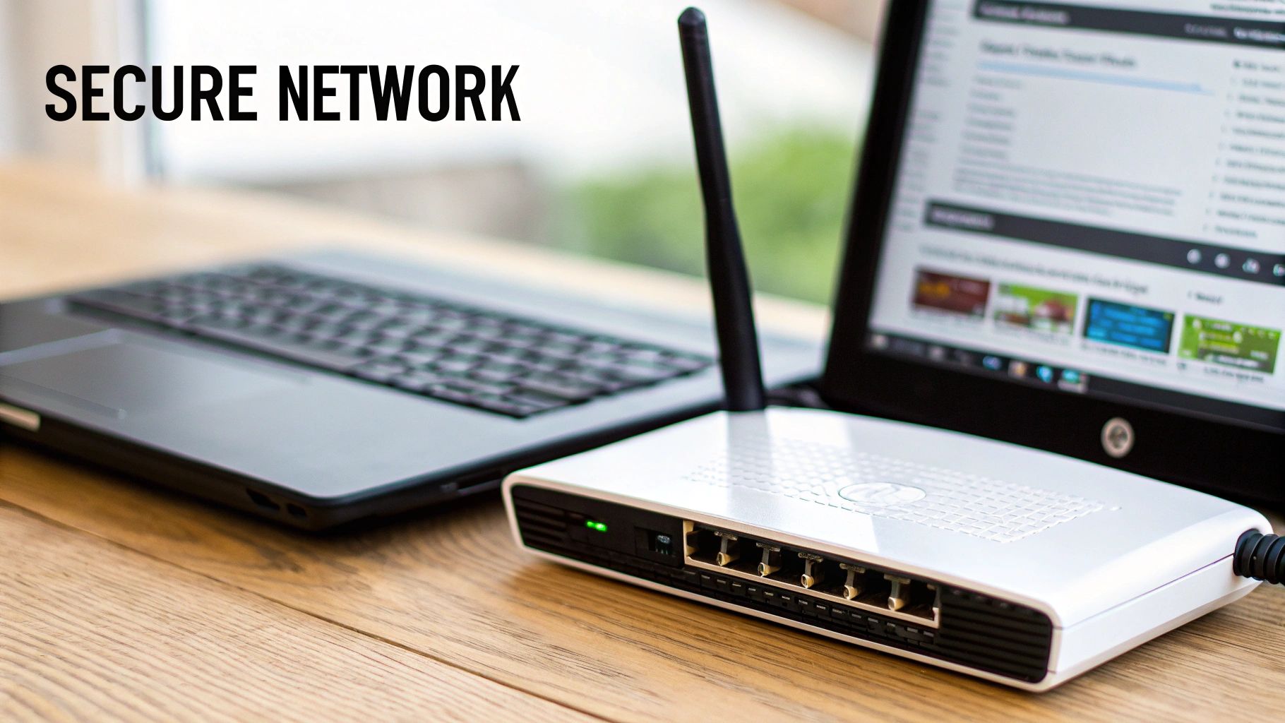A white Wi-Fi router with antennas next to an open laptop on a wooden desk, emphasizing a secure network.
