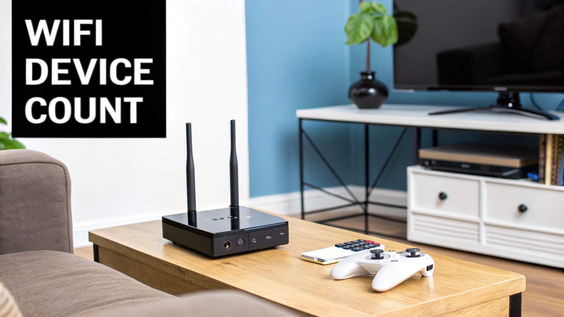 A black Wi-Fi router sits on a wooden coffee table with a game controller and smartphone.