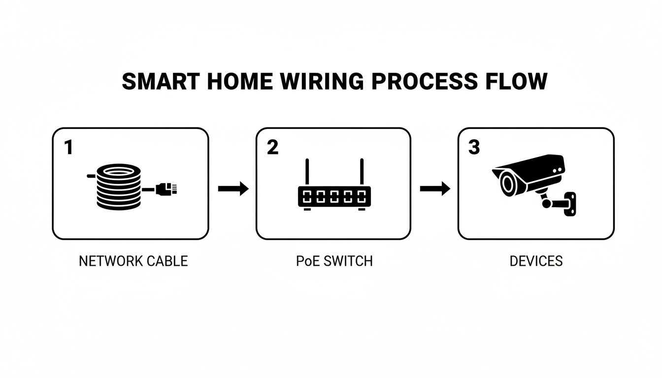Diagram illustrating the smart home wiring process, connecting network cable to a PoE switch and smart devices.