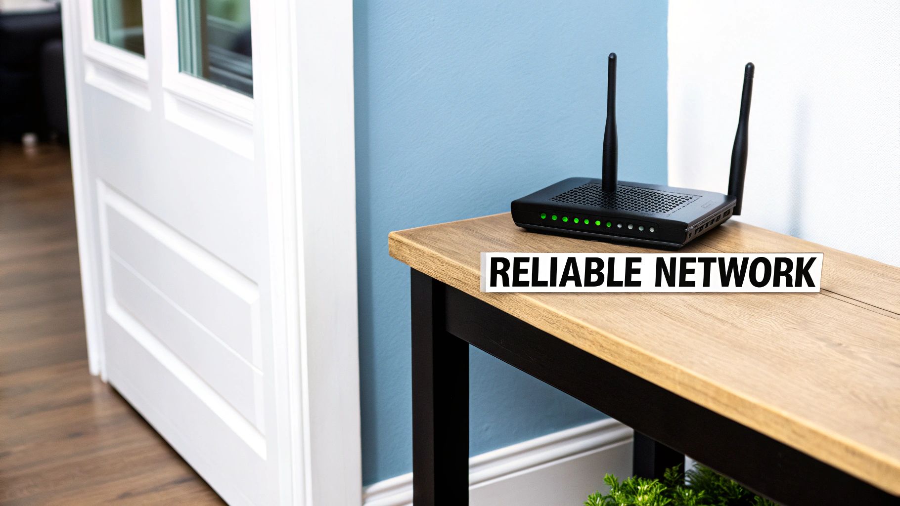 A black Wi-Fi router with green lights on a light wooden table, with text "RELIABLE NETWORK".