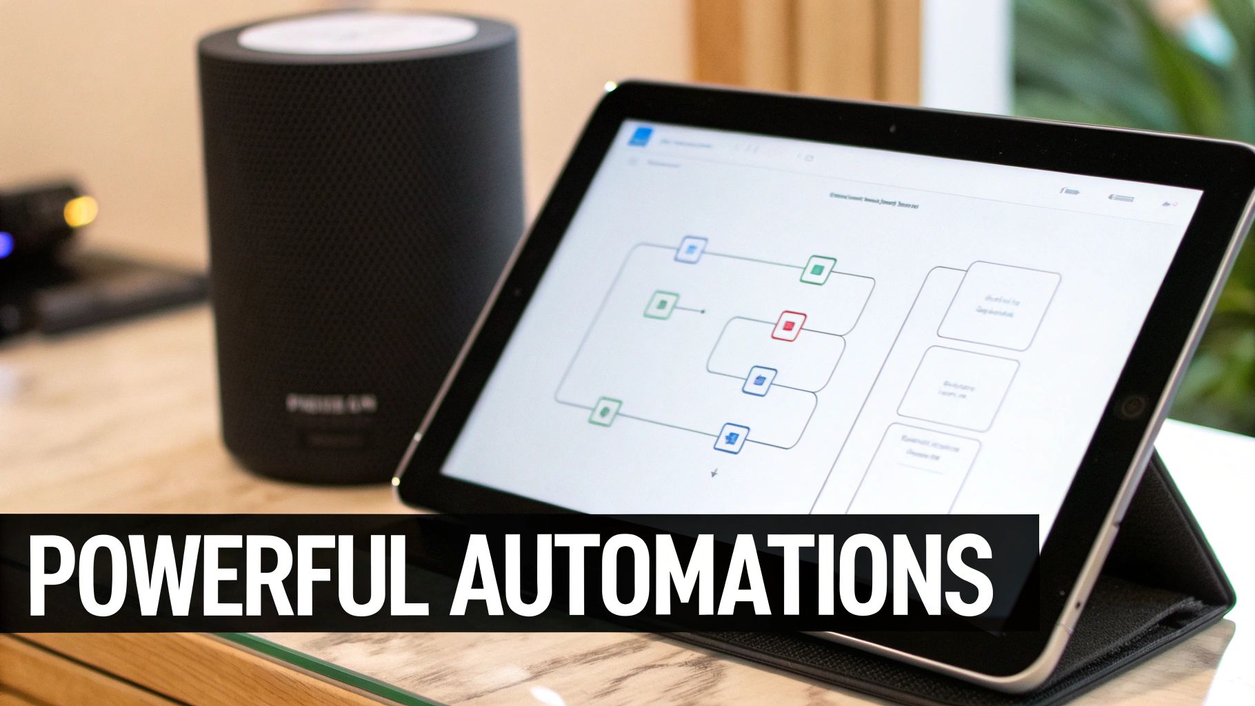 Tablet displaying automation workflow diagram next to smart speaker showing home automation setup