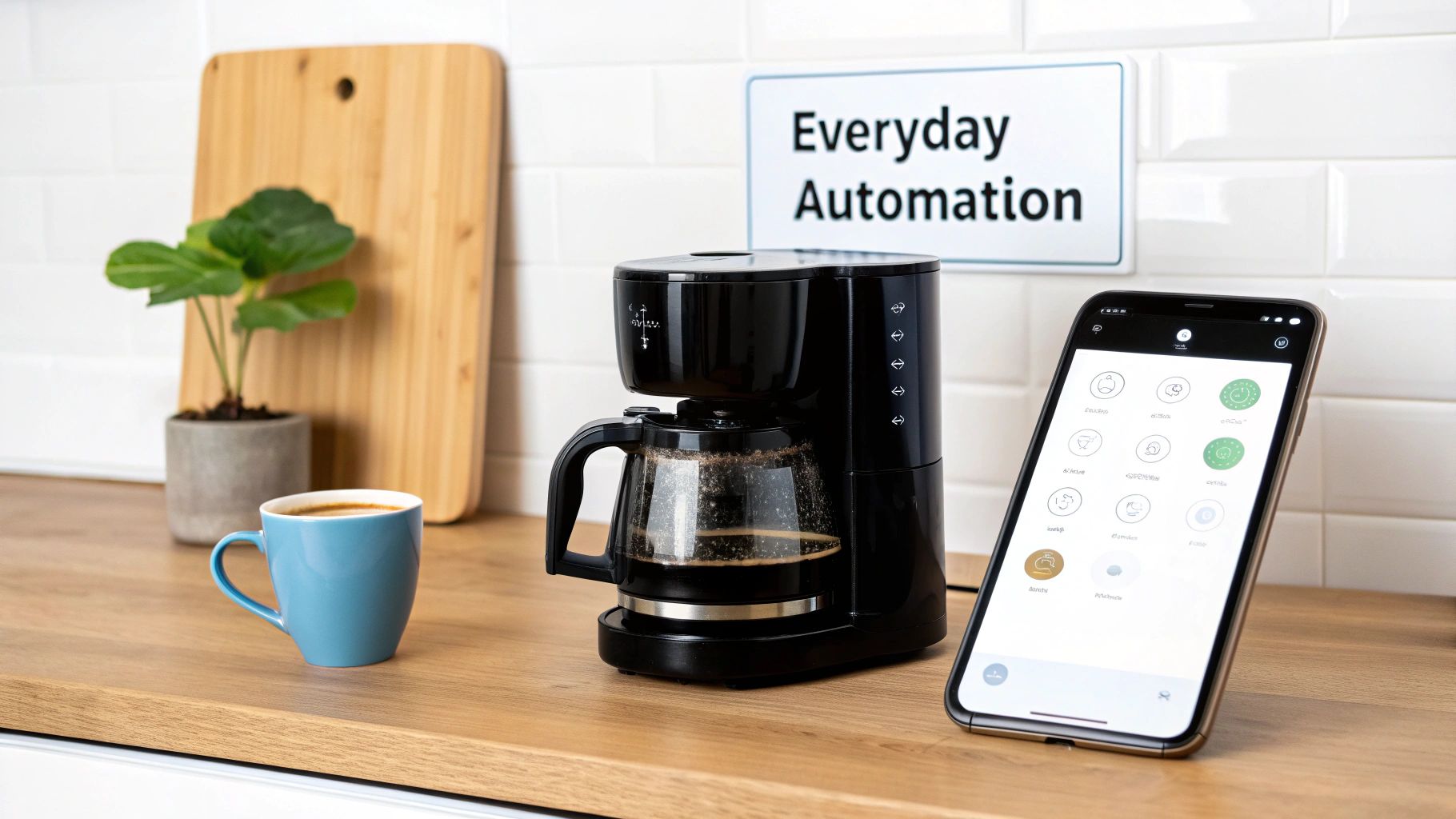 Smart home automation setup in a kitchen with a coffee maker, mug, and smartphone app.