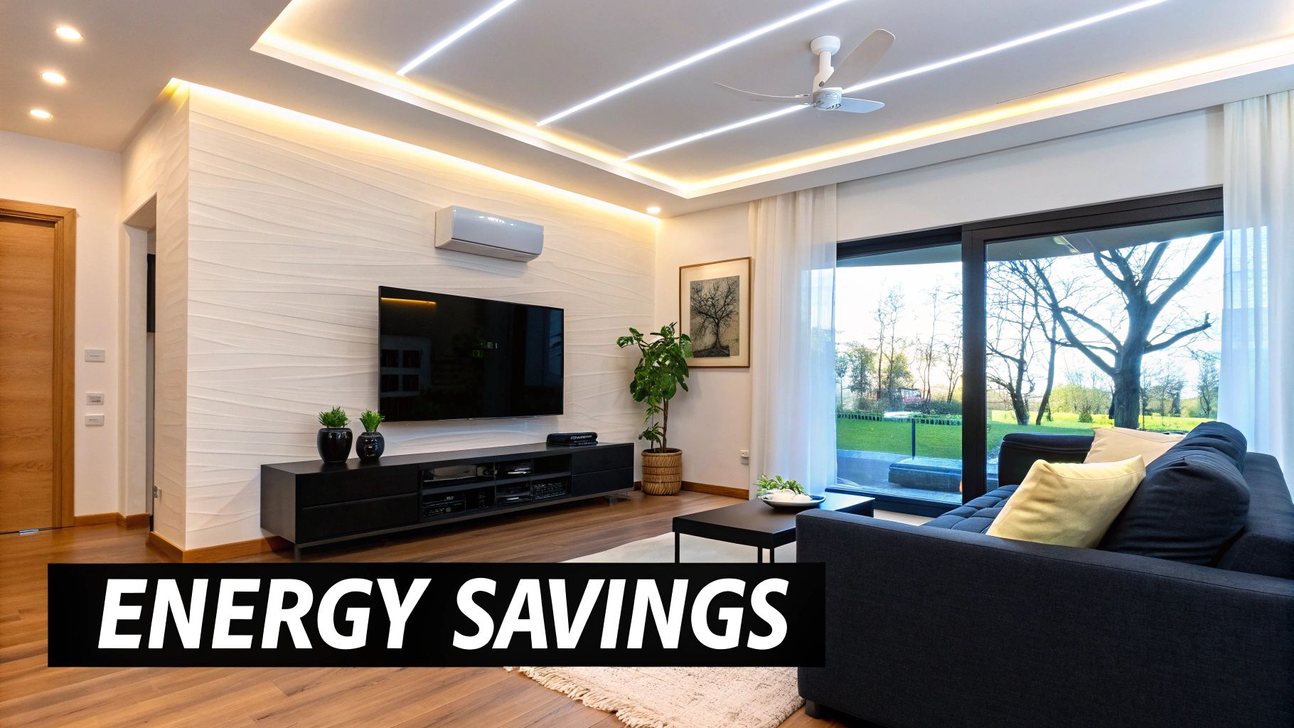 A modern living room with smart lighting highlighting the decor.