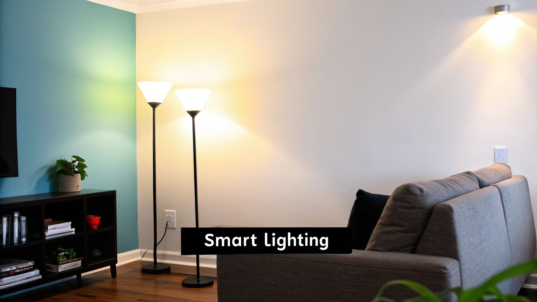 Modern living room corner with smart lighting, featuring two floor lamps and a wall light.