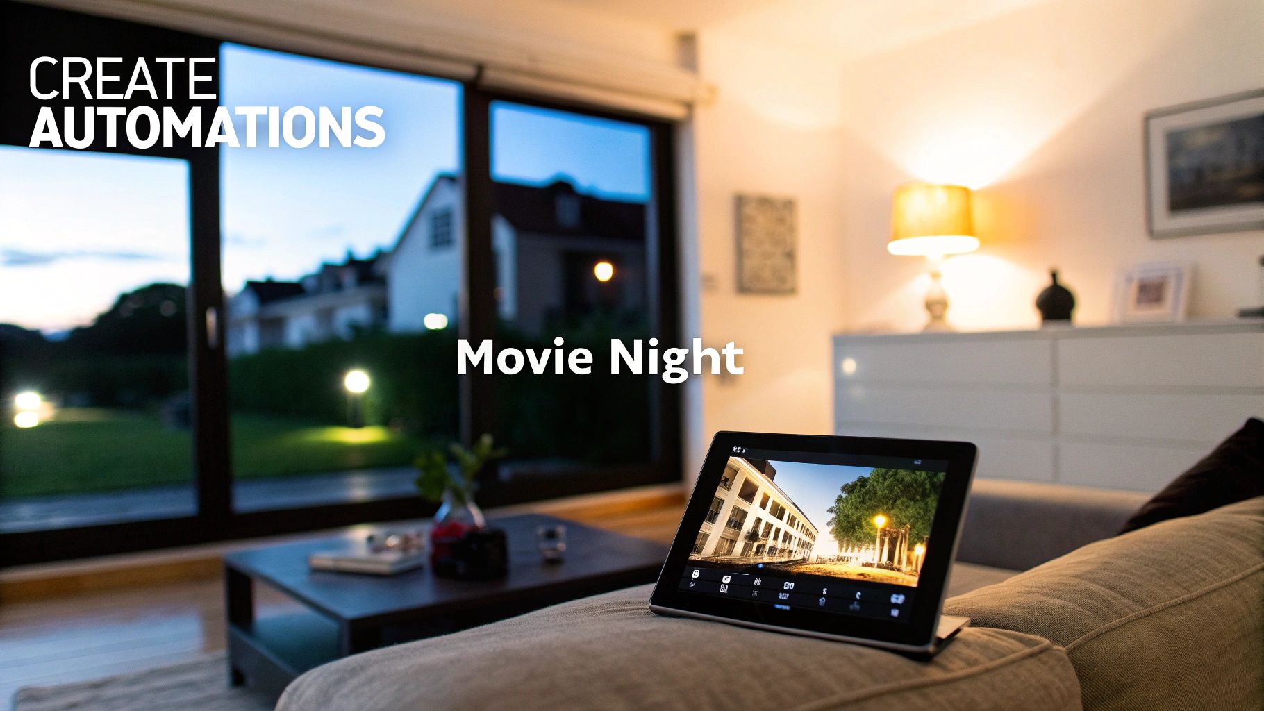 A cozy living room at dusk with a tablet on a sofa, displaying smart home controls, emphasizing 'Movie Night' and 'Create Automations'.