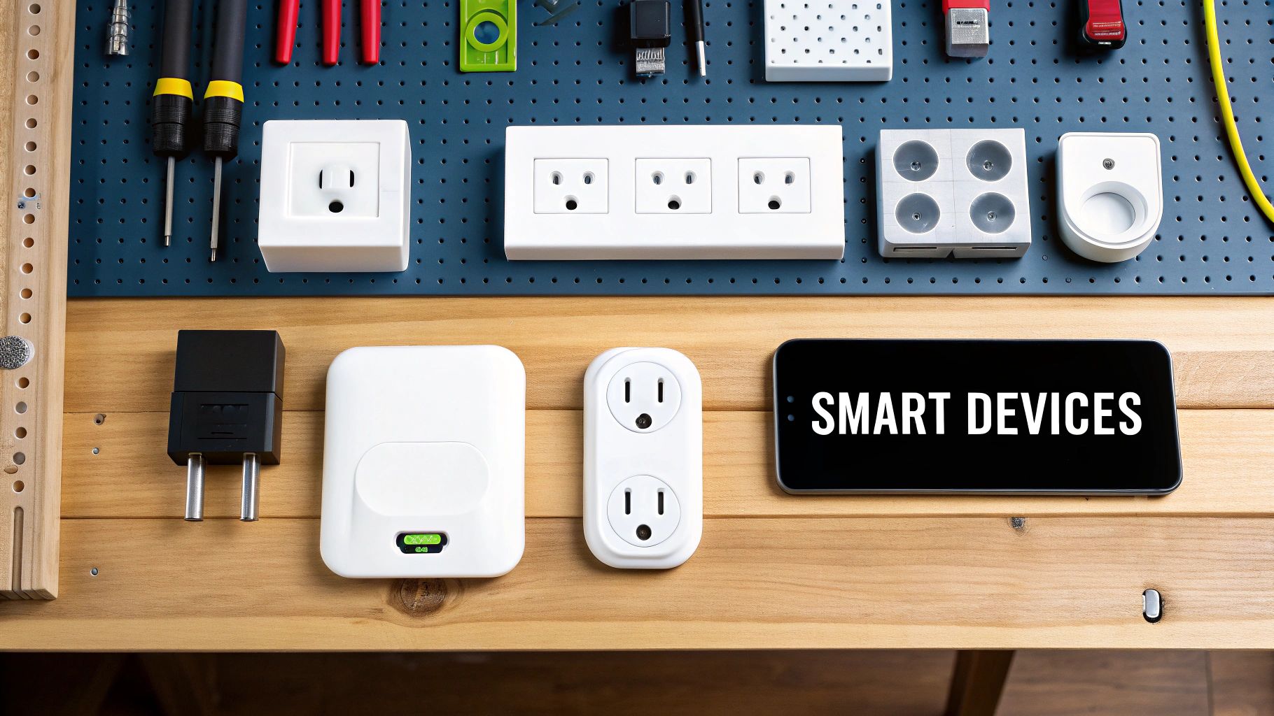 Smart home automation devices including smart plugs and outlets displayed on workshop bench with tools