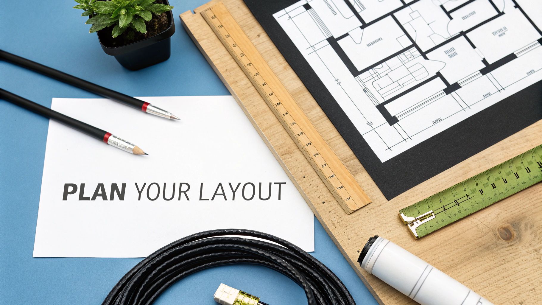 An overhead view of a home layout plan with drawing tools, a plant, and cables on a blue desk.