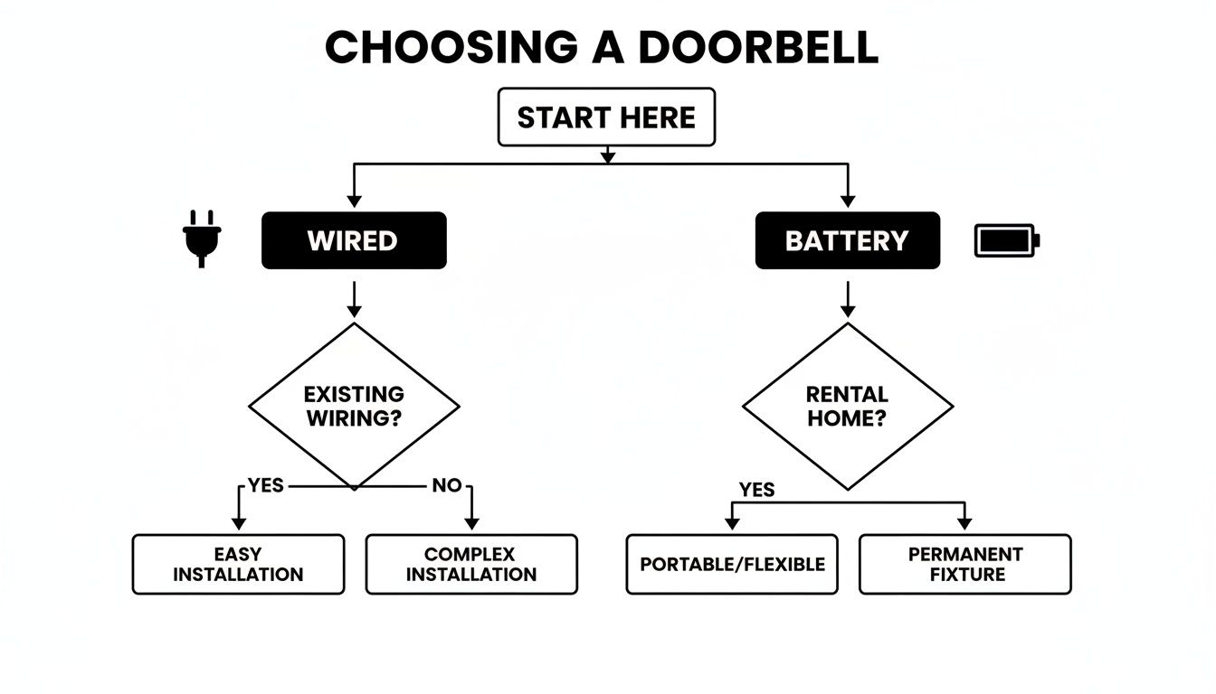 Flowchart guiding users on choosing a doorbell, based on wiring type and home ownership.