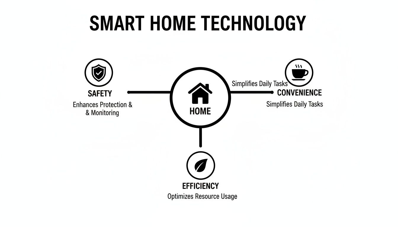 A diagram illustrating smart home technology benefits: safety, convenience, and efficiency, centered around a home icon.