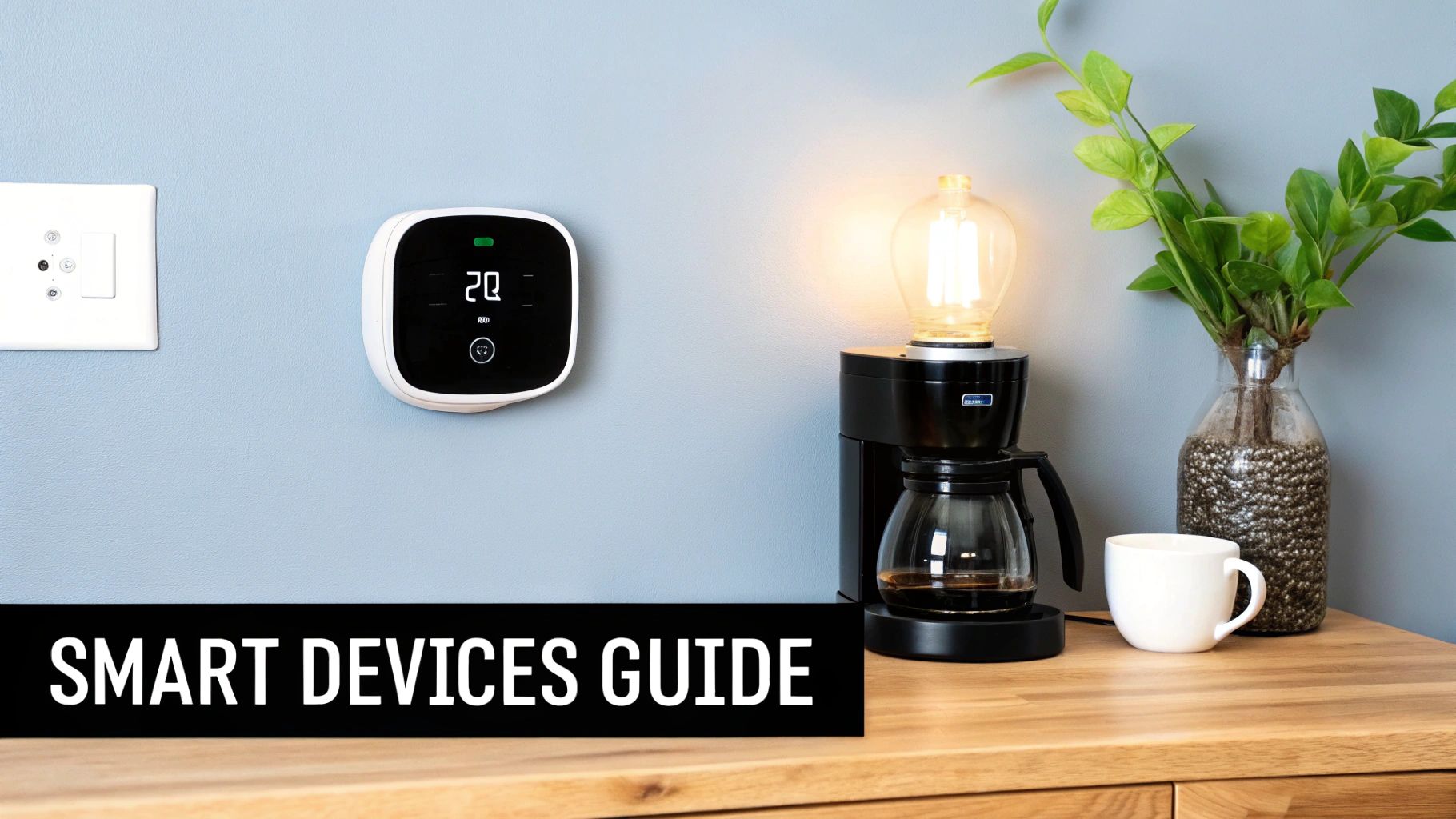 A smart home setup with a thermostat displaying 20 degrees, a coffee maker, and a smart bulb.