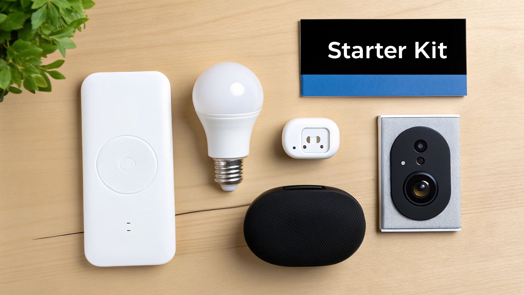 Smart home starter kit with various white and black devices like a bulb, plug, and camera on wood.