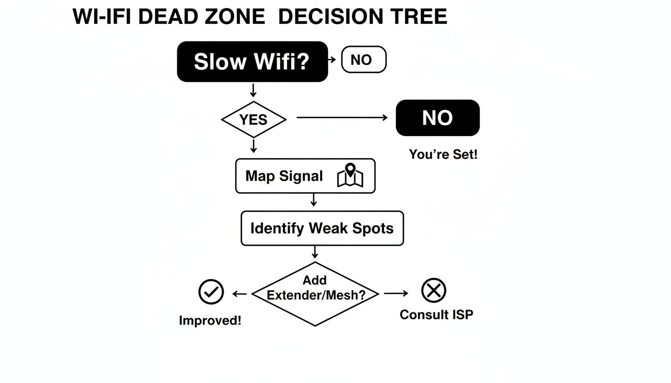 A flowchart illustrating steps to diagnose and resolve Wi-Fi dead zones and slow signal issues.