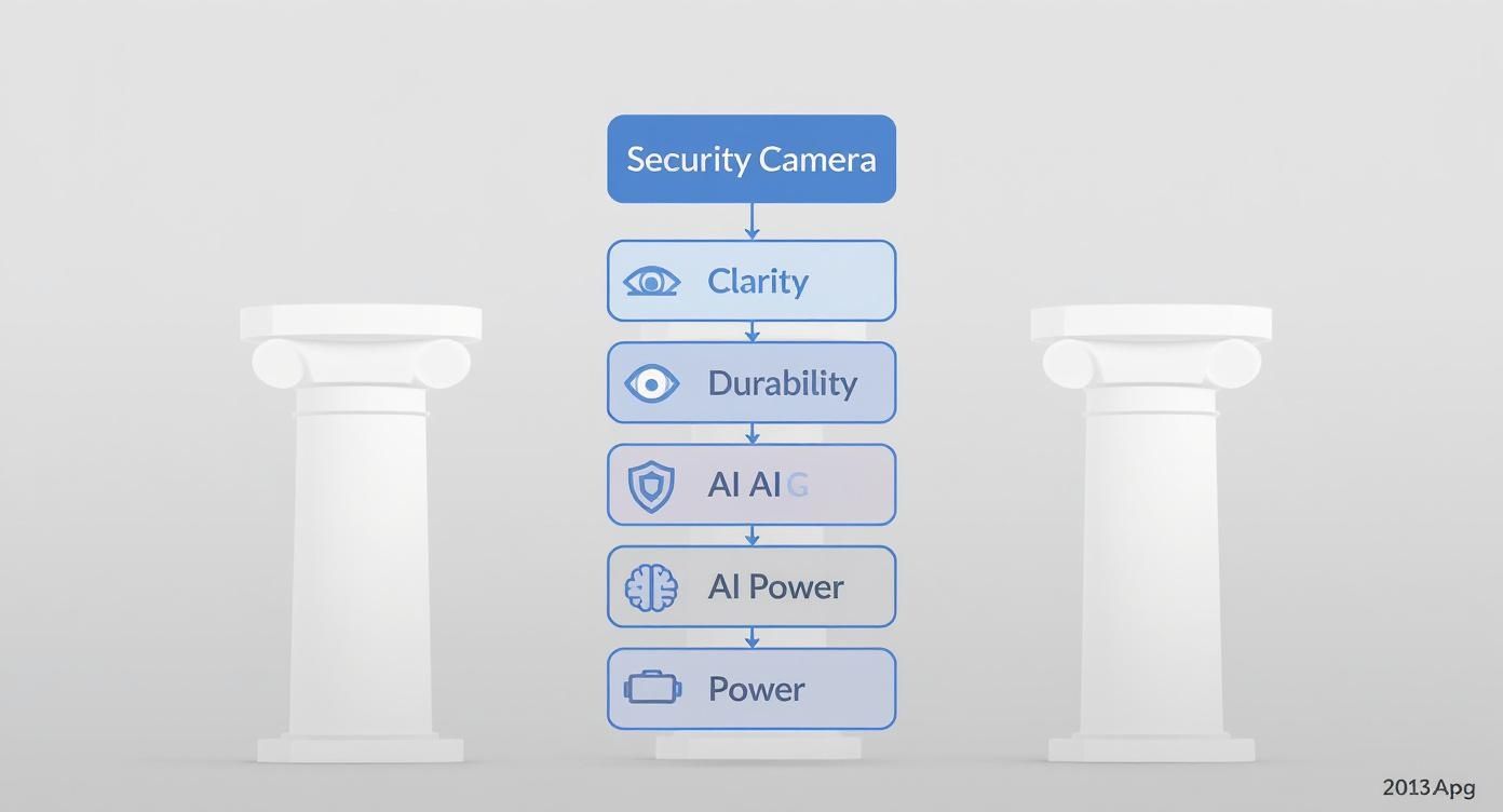 A flowchart lists key features of a security camera, including clarity, durability, and AI power.