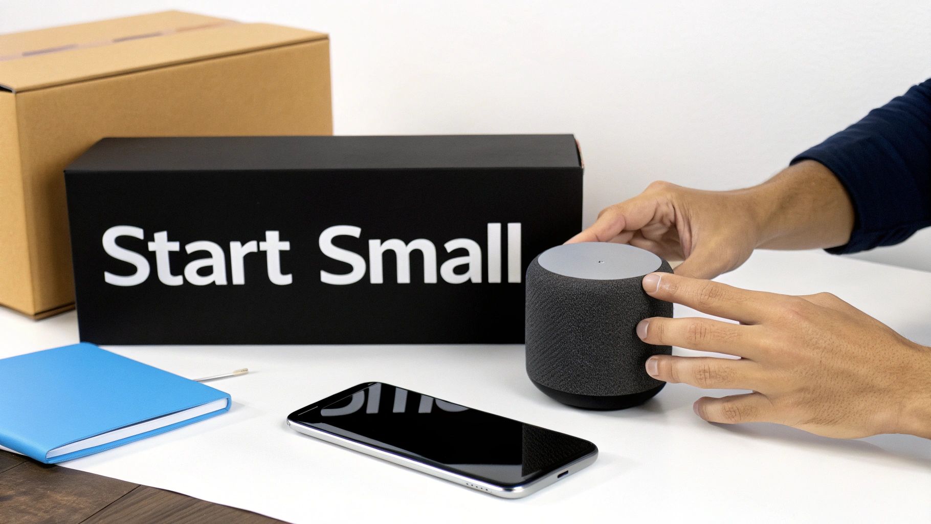Hands adjusting a dark gray smart speaker on a table with a "Start Small" box and other tech devices.
