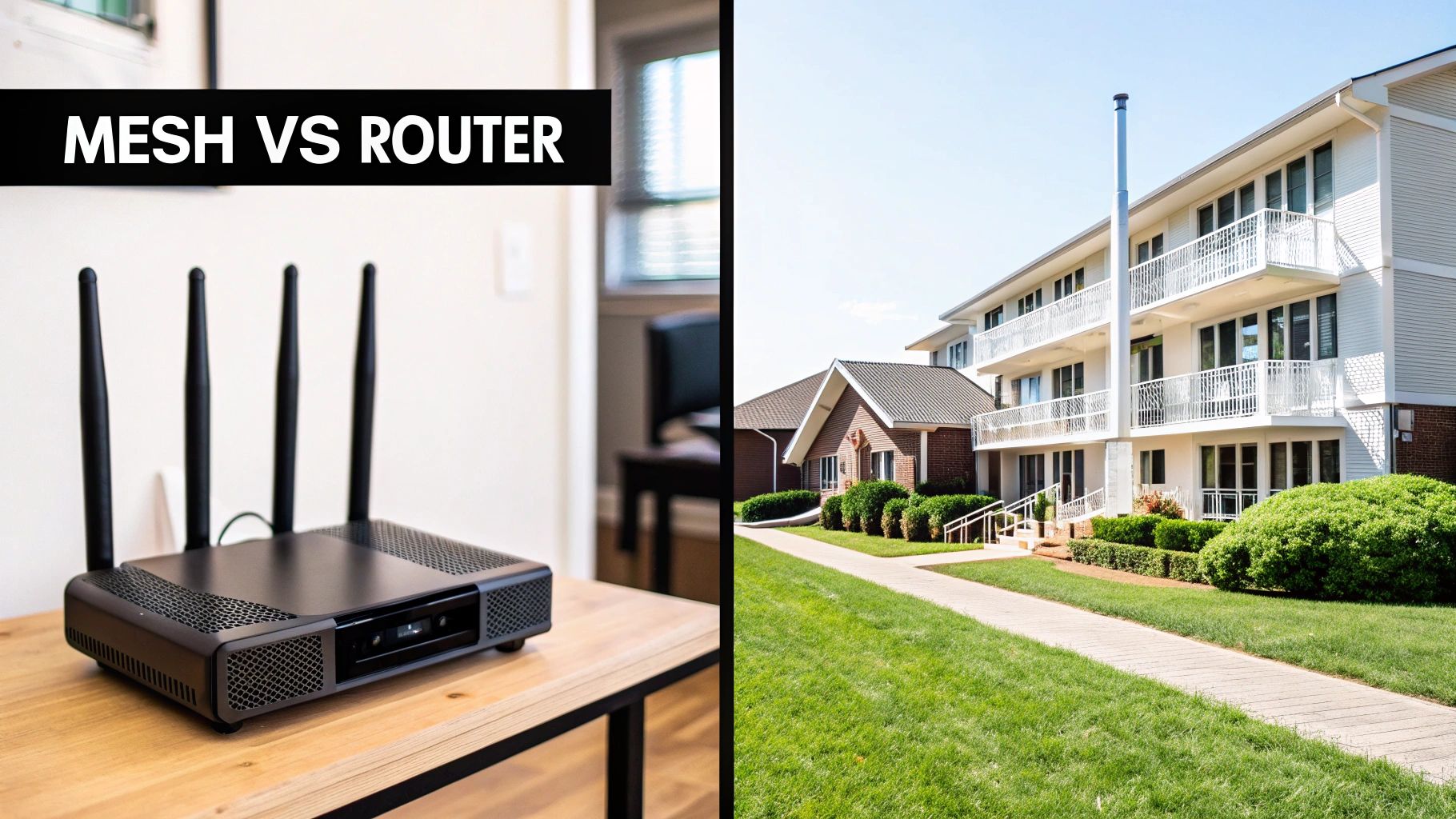 Side-by-side: a black WiFi router and a white apartment building, with text 'MESH VS ROUTER'.
