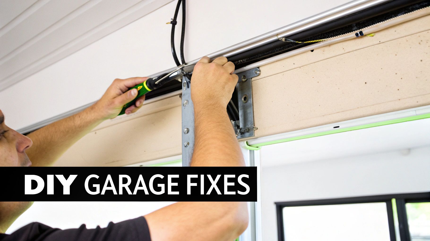 A person's hands are shown using a screwdriver to perform DIY fixes on a garage door mechanism.