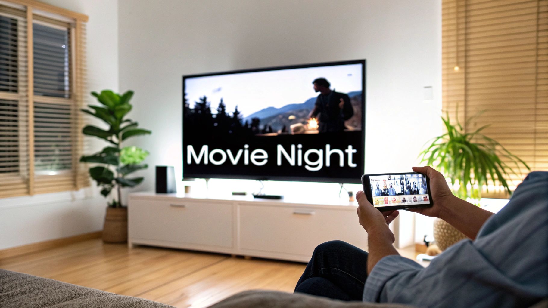 A person on a couch holds a smartphone while a TV displays 'Movie Night' in a cozy living room.