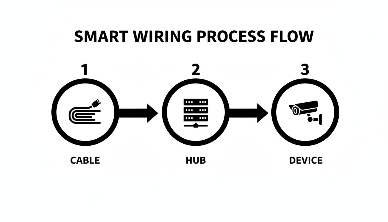 A diagram showing the smart wiring process flow: cable connects to a hub, which then connects to a device.