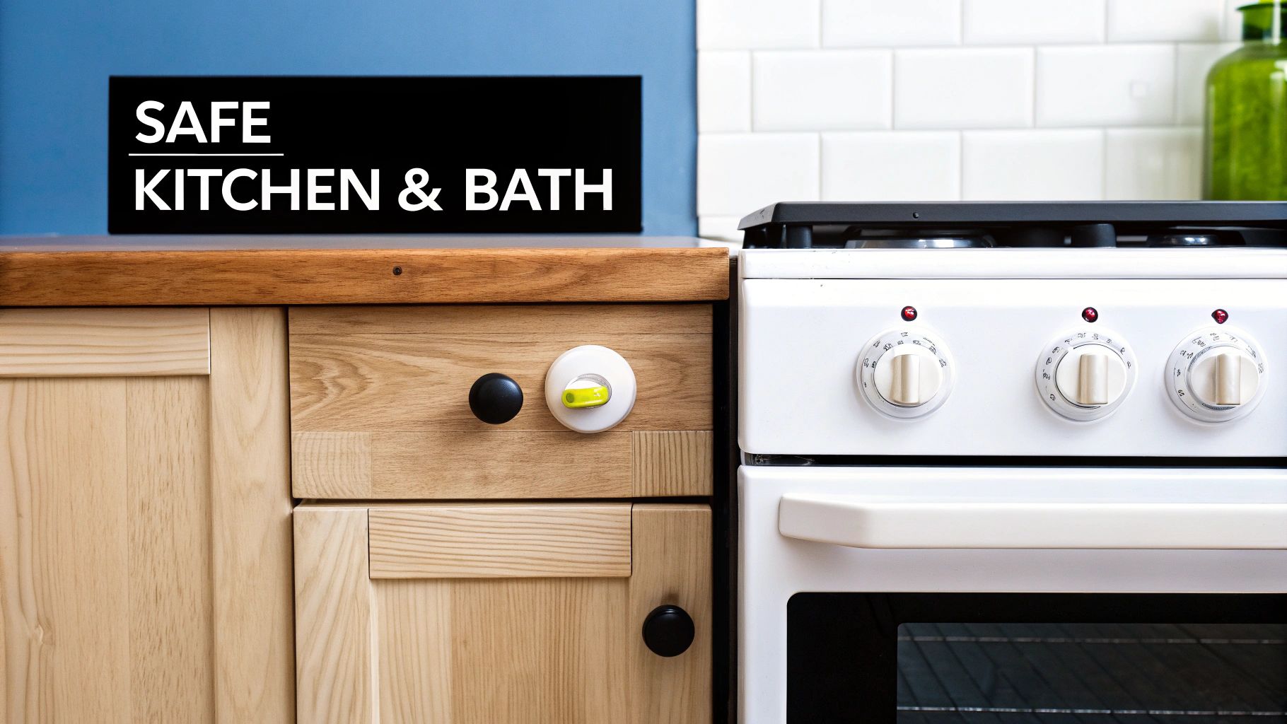 A kitchen scene highlighting child safety with a childproof lock on wooden cabinets next to an oven.