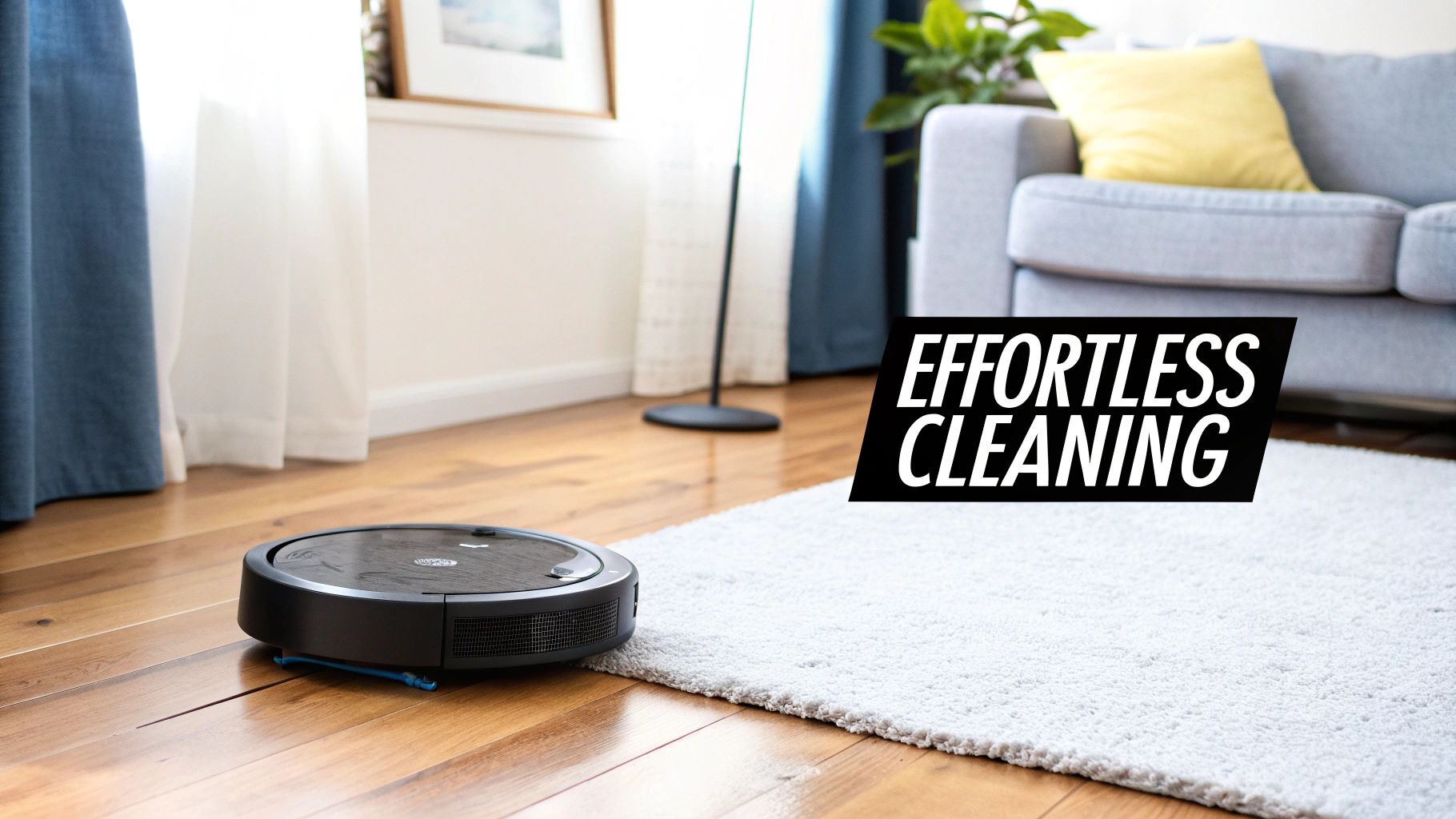 A black robot vacuum cleaner on a wooden floor next to a white rug in a living room.