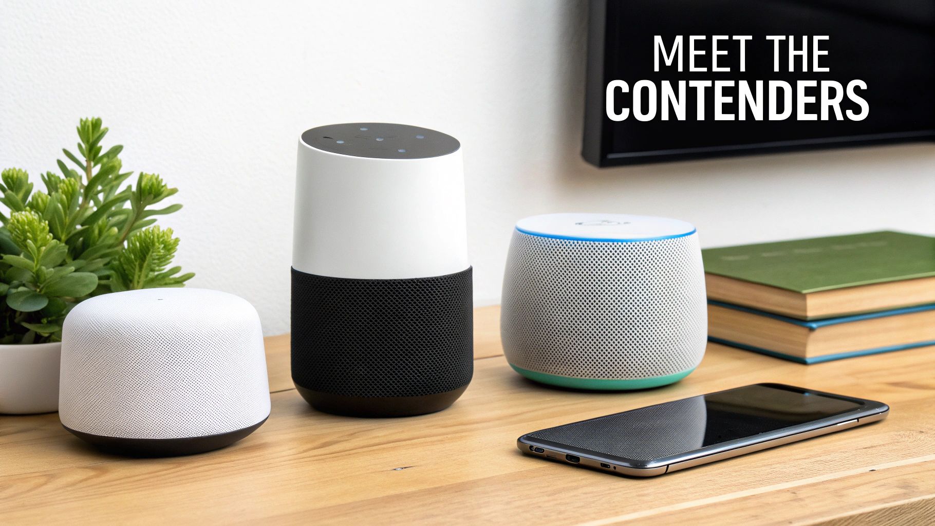 Three smart speakers, a smartphone, and books on a wooden table, with 'Meet the Contenders' on TV.