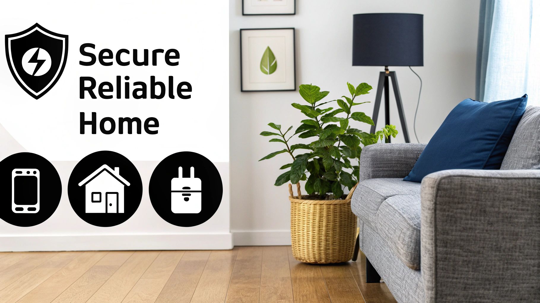 A cozy, modern smart home living room with lights, thermostat, and blinds all automated.