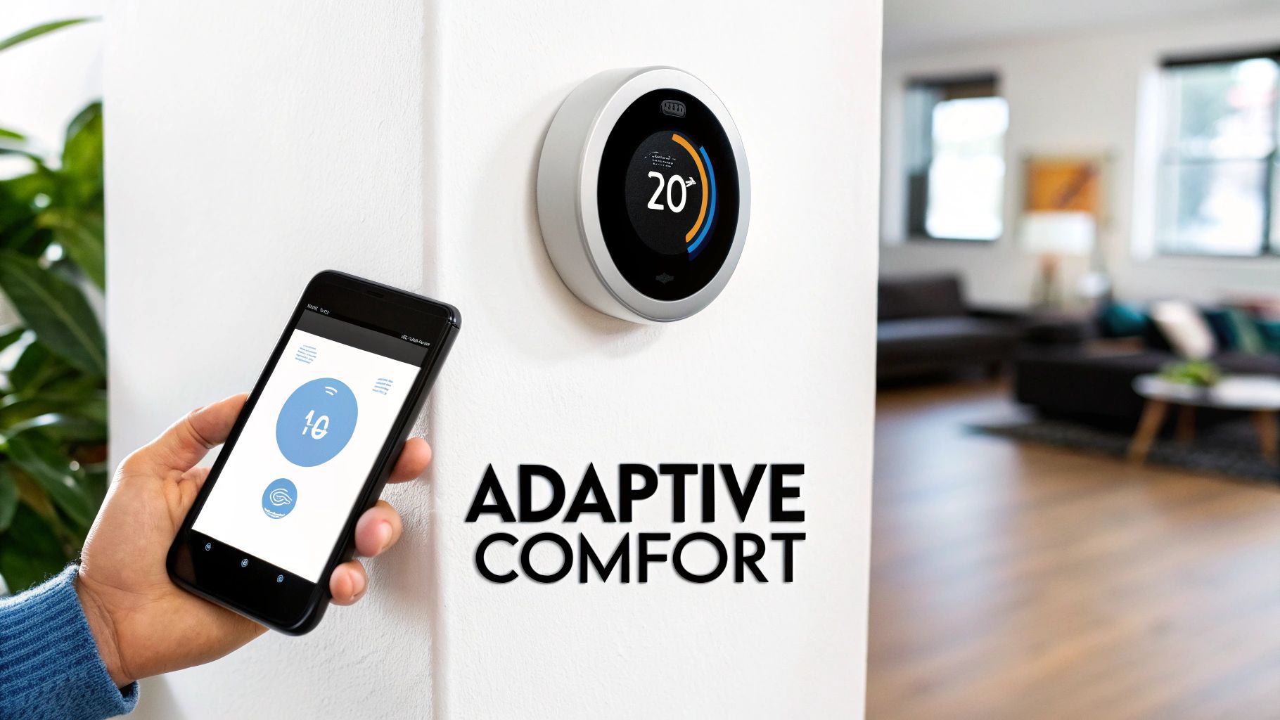 A person adjusting their smart thermostat with a smartphone app