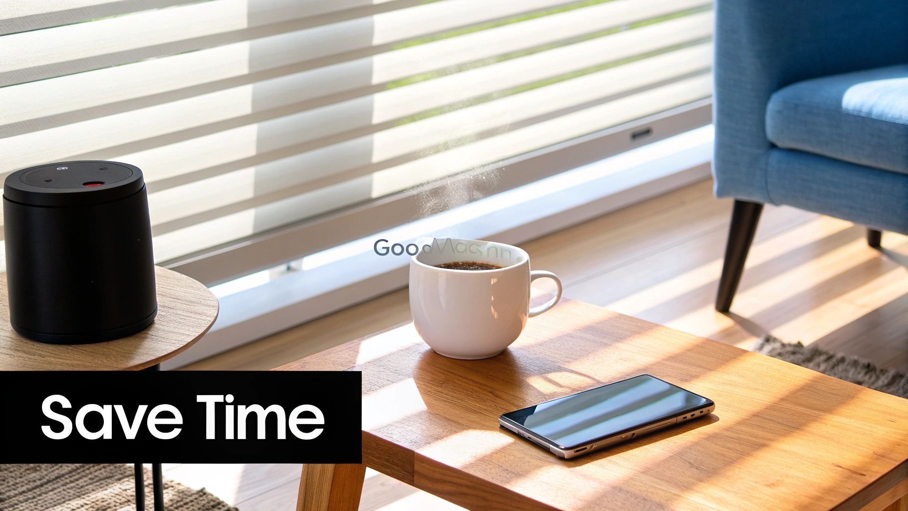 A smart speaker, steaming coffee, and phone on a table in a bright, modern living room.