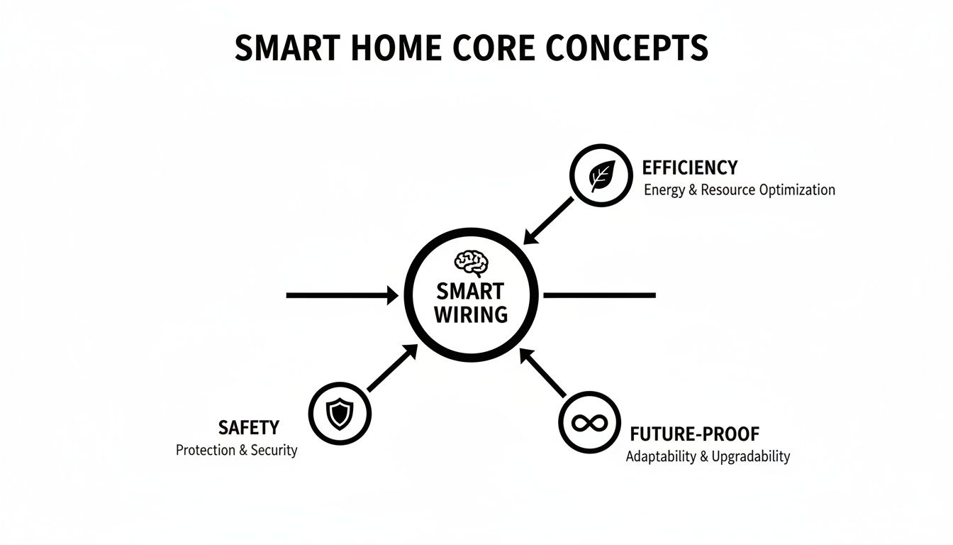Diagram illustrating smart home core concepts, focusing on smart wiring's role in efficiency, safety, and future-proofing.