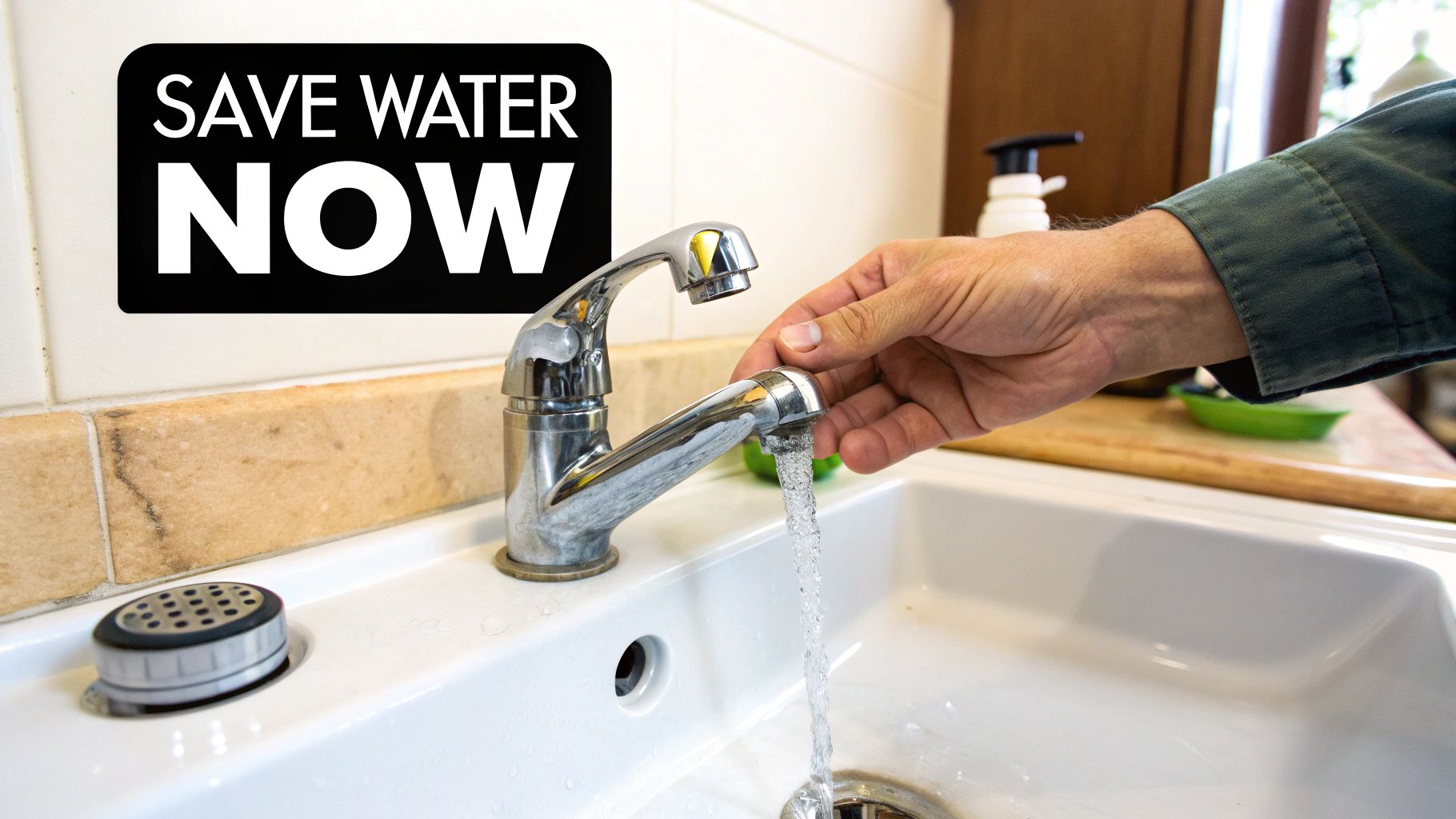 A hand turns on a kitchen faucet, with water running into the sink, next to a 'SAVE WATER NOW' sign.