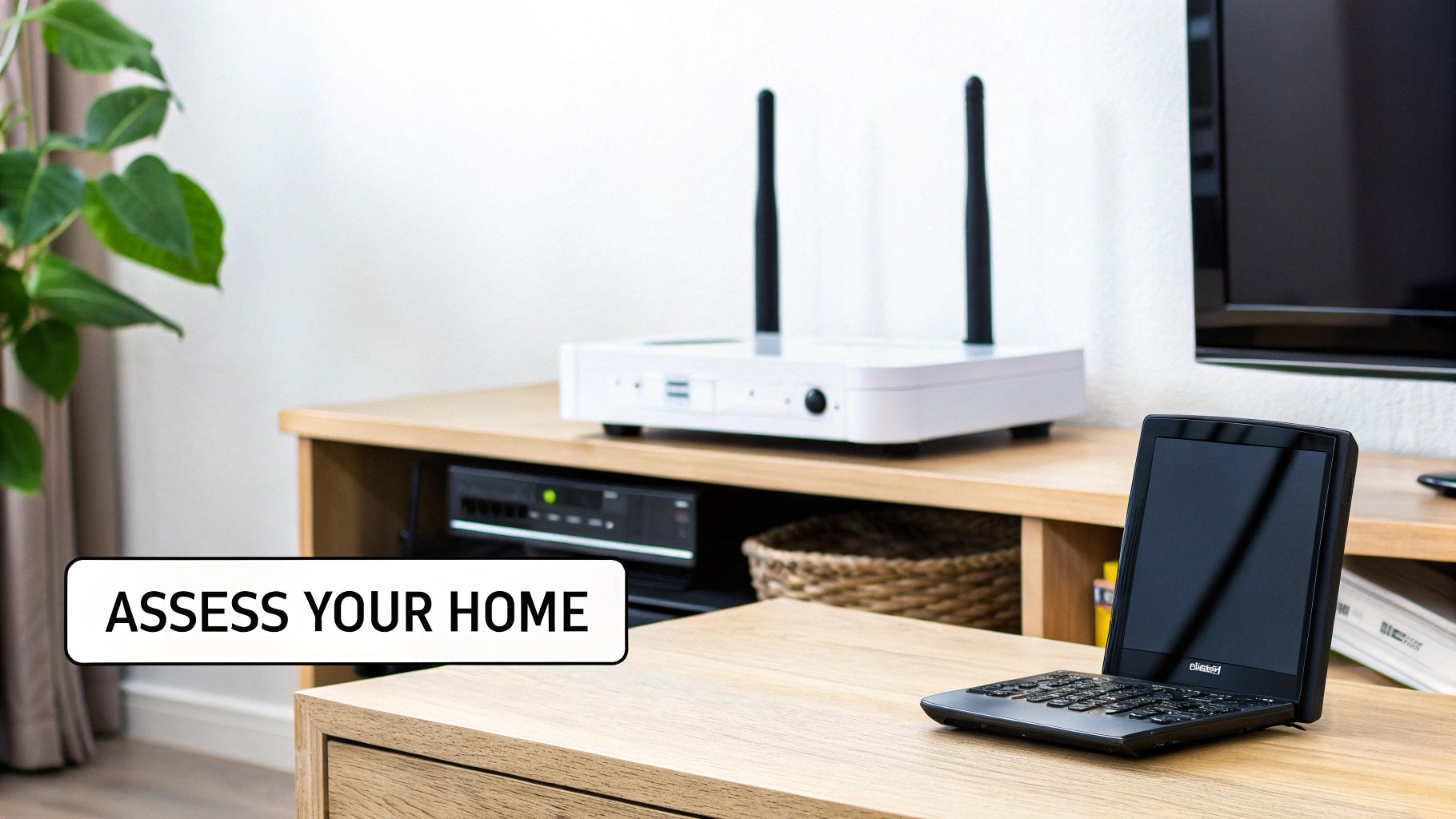 A home setup featuring a white router with antennas, various electronics, a green plant, and a small laptop on wooden furniture.