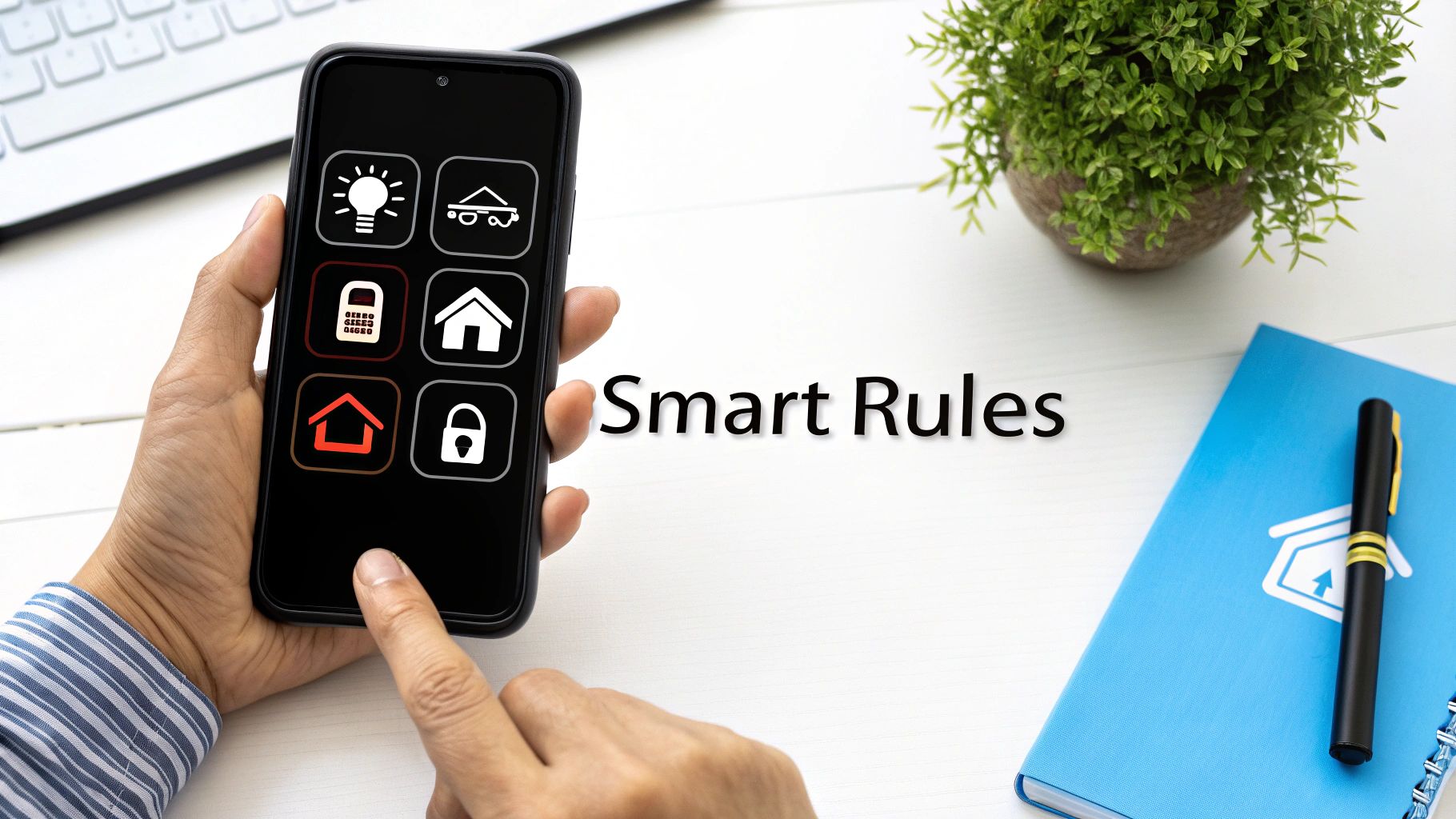 A smartphone screen showing a smart home app with automation rules being created.