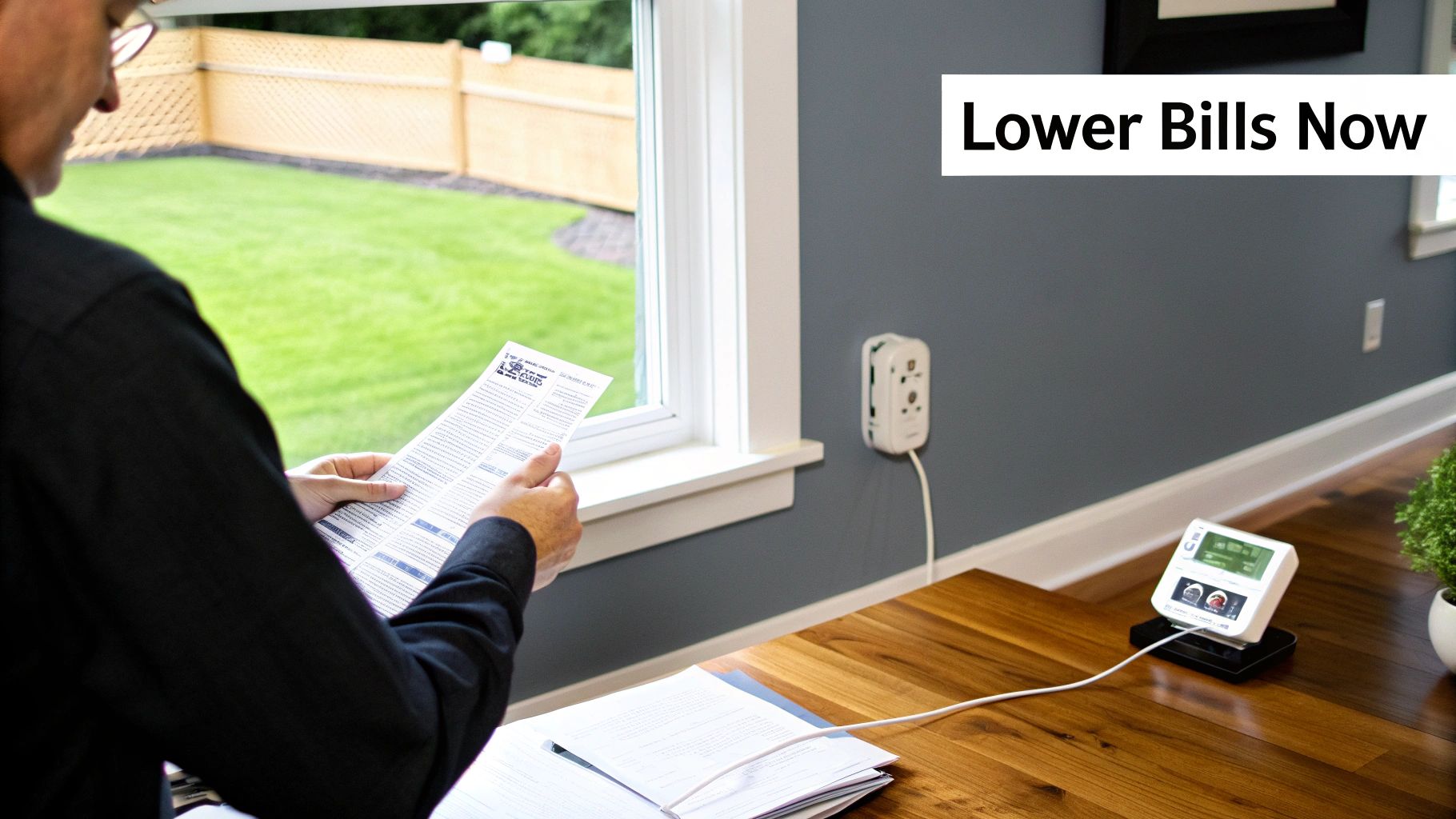 Man reading a document indoors, with a home energy monitor visible on a wooden desk.