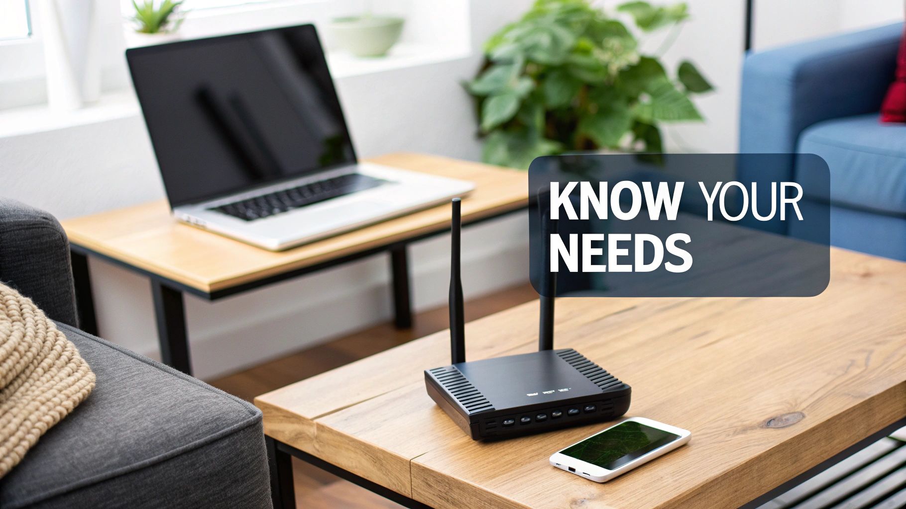 A modern Wi-Fi router placed on a wooden shelf in a stylishly decorated living room.