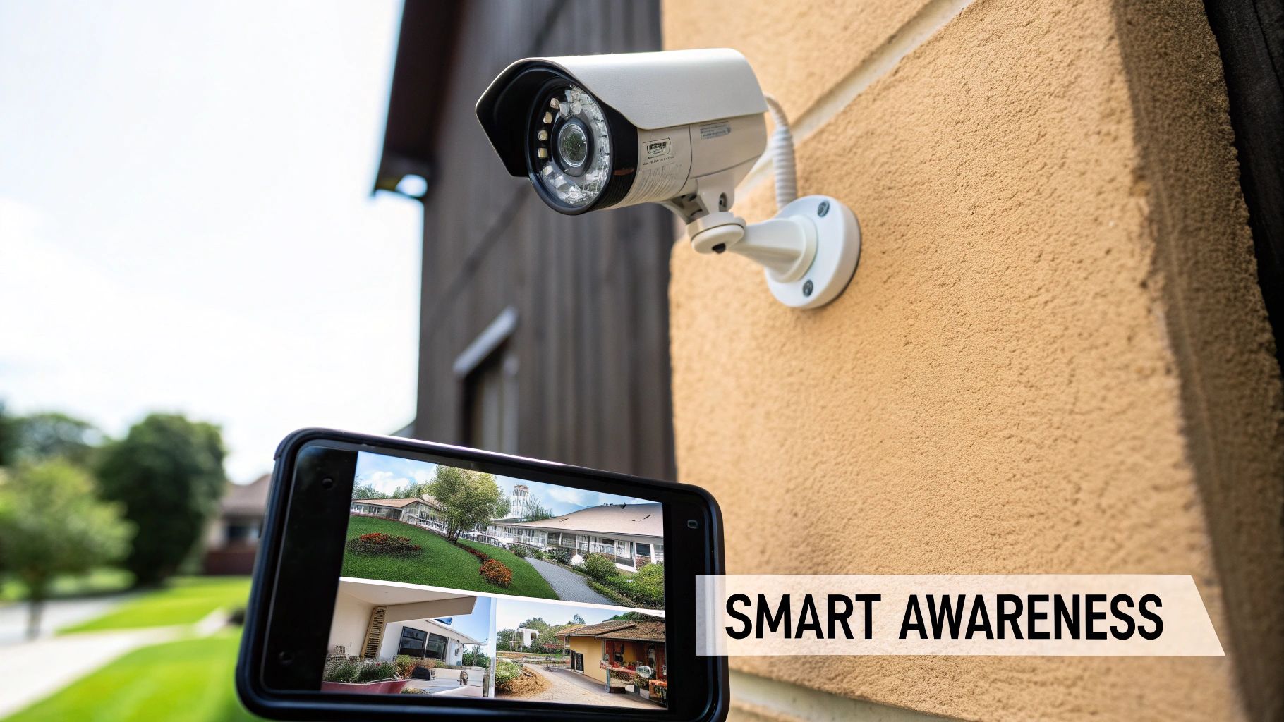 A person using a smartphone to view a live feed from a smart home security camera.