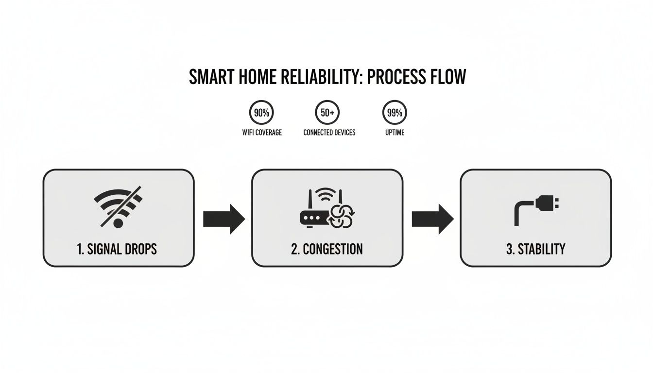 Process flow diagram illustrating smart home reliability, covering signal drops, congestion, and stability metrics.